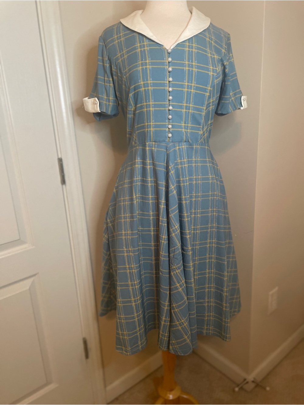 Gown Town 1950’s Inspired Blue Plaid Vintage Swing Dress With Pearl Buttons L